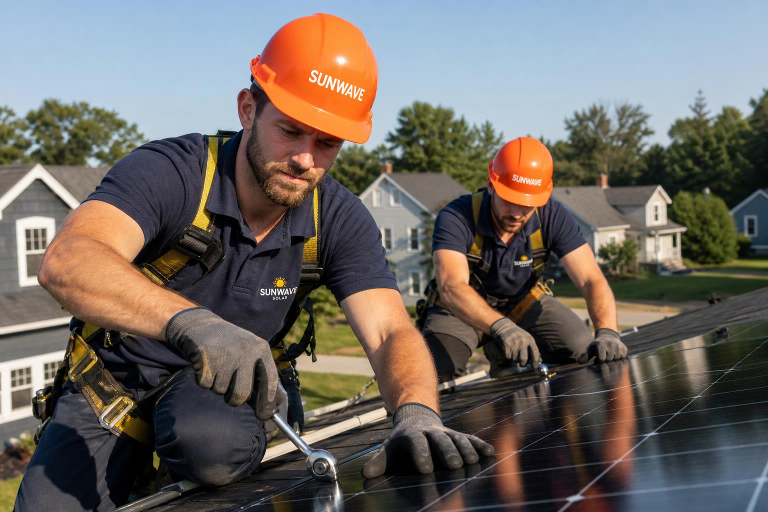SunWave installers mounting solar panels on a residential rooftop