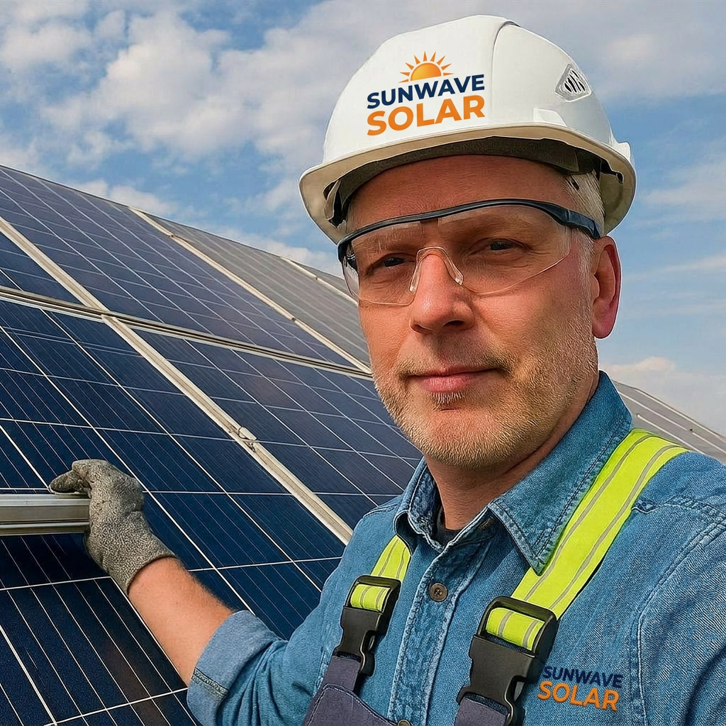 SunWave technician inspecting rooftop solar panels