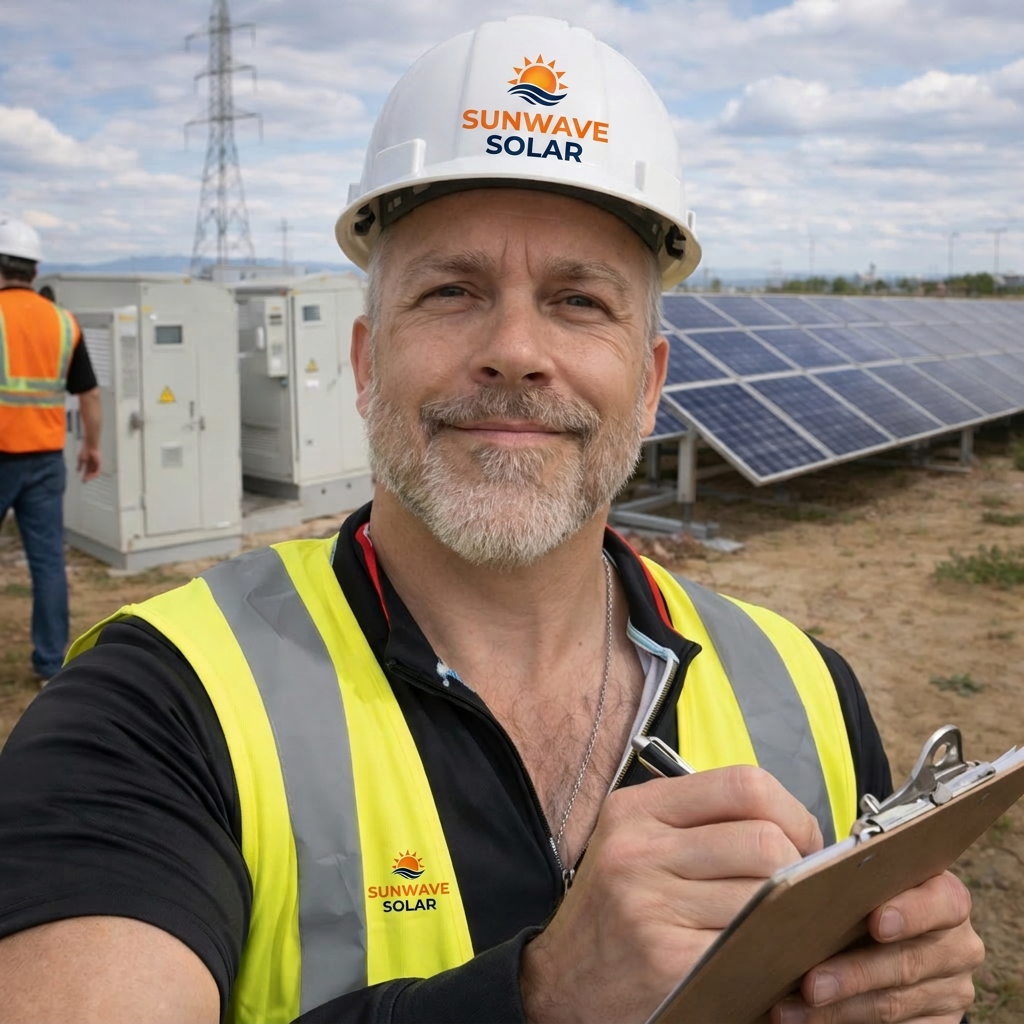 SunWave site supervisor at a solar farm with clipboard