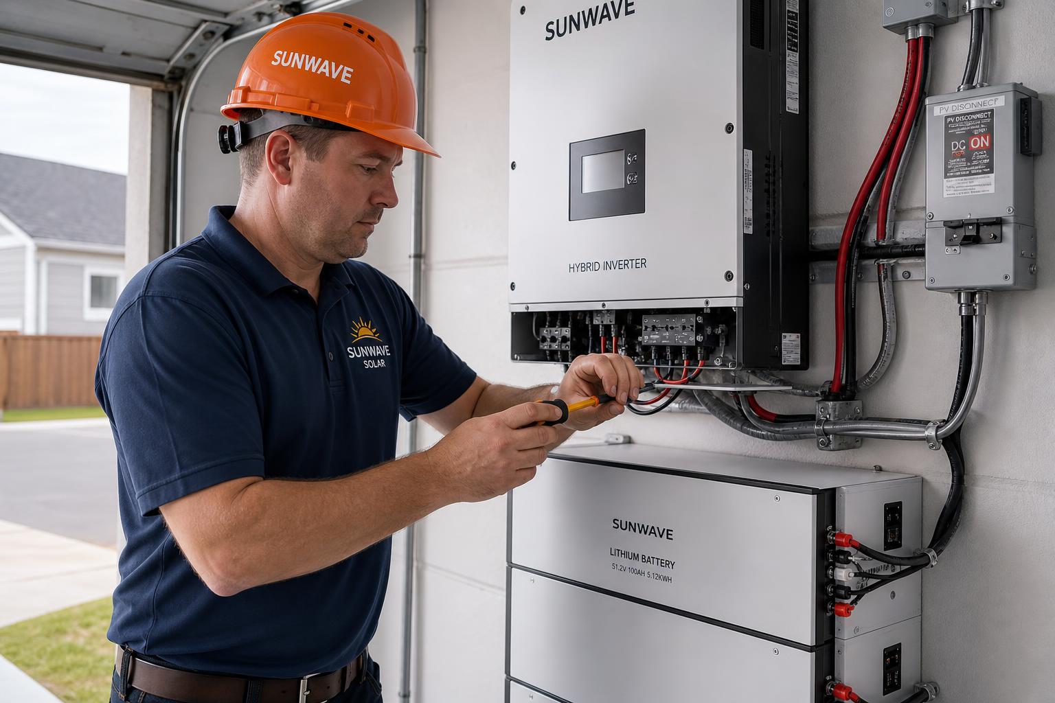 Electricians wiring an inverter and battery on a wall